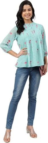 Vista 3 de Janasya Indian Sea Green Dobby Georgette - Camiseta acampanada con estampado floral para mujer