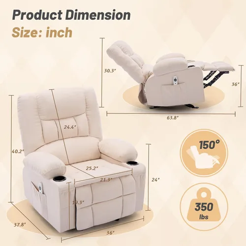 Vista 2 de Rocker - Silla reclinable con masaje y calor, silla reclinable para adultos Beige