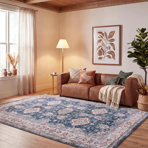 Vista 19 de SAFAVIEH Alfombra lavable Tucson Collection - 2 pies 6 pulgadas x 4 pies, azul marino y beige, antideslizante, ideal para zonas de alto tráfico