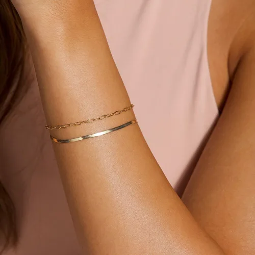 Vista 3 de MBW Pulseras de oro para mujer, juego de joyas chapadas en oro real de 14 quilates para mujer, a la moda, impermeables, apilables, delgadas