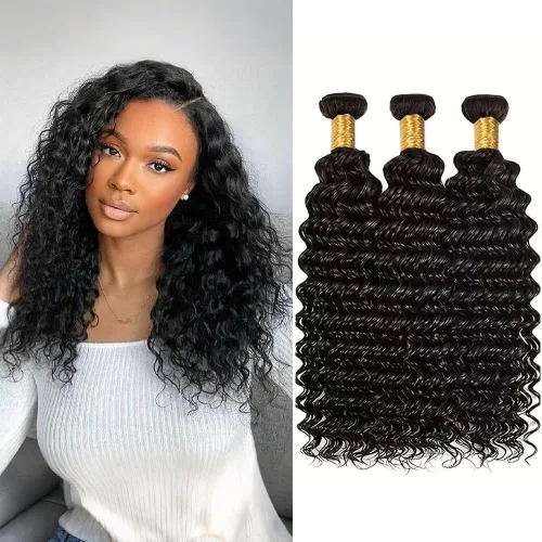 Vista 13 de Manojos de cabello humano ondulado profundo de 12, 14, 16 pulgadas, mechones de cabello humano rizado, tejido de cabello humano 100% sin procesar