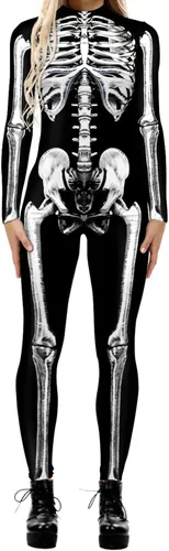 Vista 15 de Disfraz de esqueleto de calavera para mujer, overol de una pieza para Halloween 3D printed skull skeleton robot costume, Back zipper closure