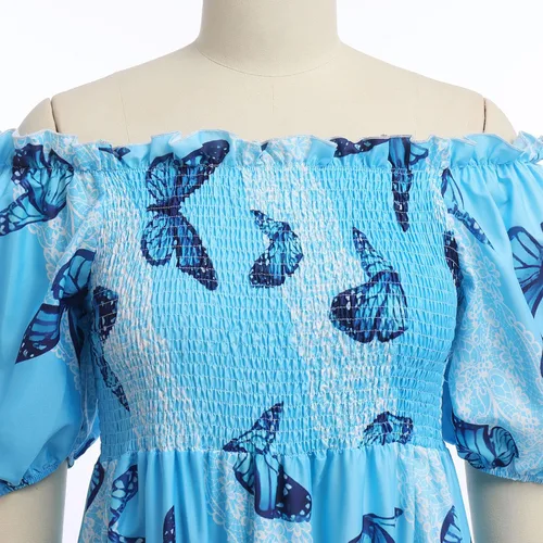 Vista 4 de Vestido largo floral con hombros descubiertos para mujer, estilo bohemio, manga corta, fruncido, fruncido, de verano, casual, para fiesta