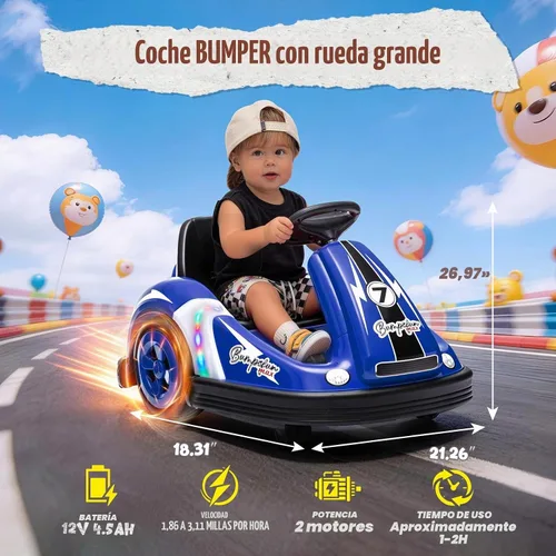 Vista 6 de Coche parachoques para niños con rueda grande, 3.1 MPh máximo, auto parachoques de 12 V con control remoto, automóvil eléctrico con calcomanías