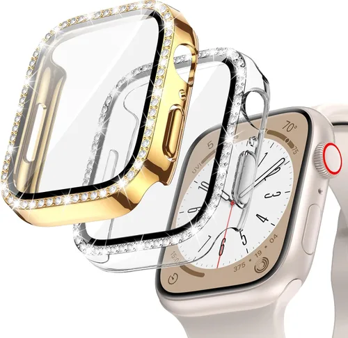 Vista 13 de Goton - Pack de 2 Fundas Bling para Apple Watch con Protector de Pantalla 40mm SE 3/2/1, Series 6/5/4, Funda con Purpurina para Mujer con Diamantes