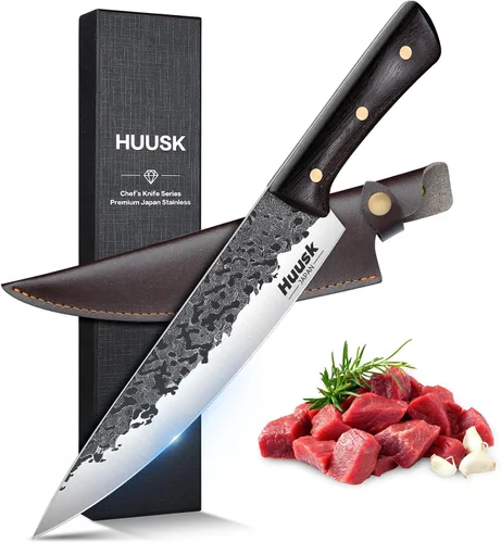 Vista 13 de Huusk Mini cuchillo japonés, pequeños cuchillos de carne con funda, cuchillos únicos de cavernícola, cuchillo vikingo de chef forjado a mano