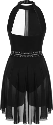 Vista 4 de FEESHOW Women Shiny Rhinestone Lyrical Dance Dress Backless Leotard Dresses Figure Skating Dance Costume E90#negro y blanco