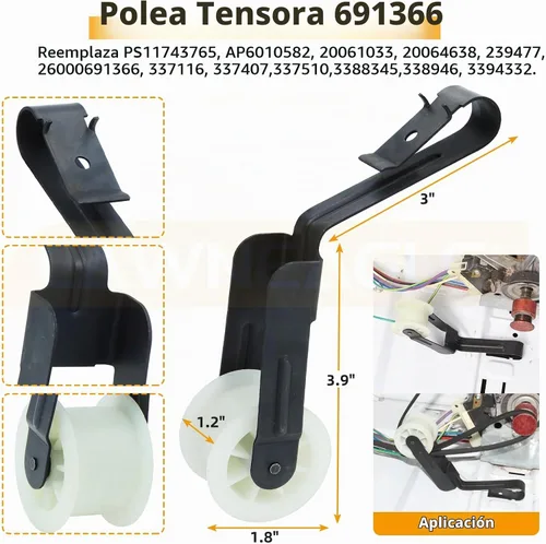 Vista 5 de WPW10314173 Kit de soporte de tambor de rodillo para secadores Whirlpool Maytag 2xWPW10314173+1x691366+1x341241+1xWPW10359269+1xWPW10359270