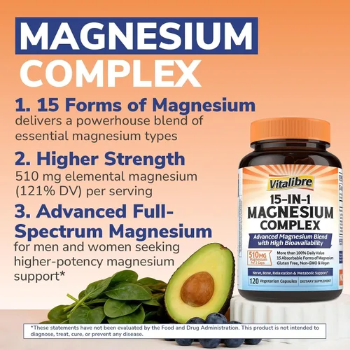 Vista 3 de Vitalibre Complejo de magnesio 15 en 1 de 510 mg para mujeres y hombres