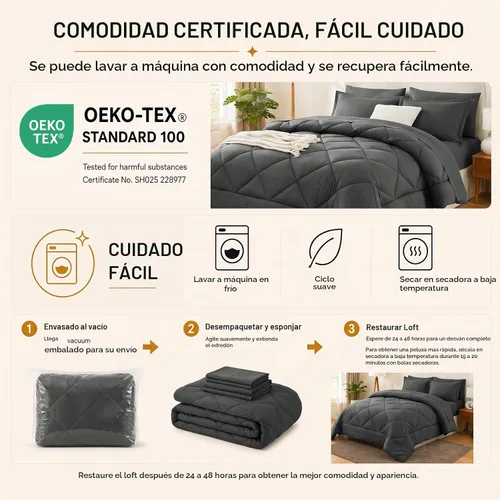 Vista 4 de CozyLux - Juego de edredón matrimonial de 82 x 86 pulgadas, color gris Gris claro