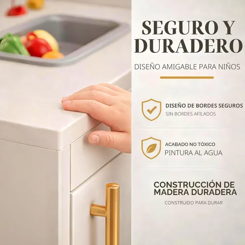 Vista 5 de Juego de cocina para niños, juego de cocina de juguete de madera con electrodomésticos y almacenamiento inteligente, juego de cocina para niños