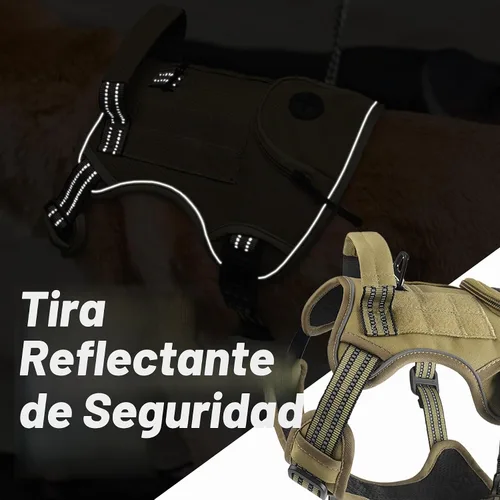 Vista 4 de Arnés táctico para perros grandes, chaleco de servicio militar resistente sin tirones con asa de control y 4 parches, arnés ajustable reflectante