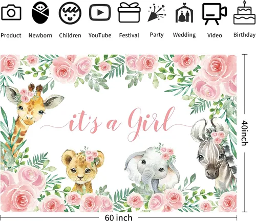 Vista 2 de Decoraciones de telón de fondo para baby shower, temática de animales de la selva, suministros de fiesta de baby shower para niña, telón de fondo