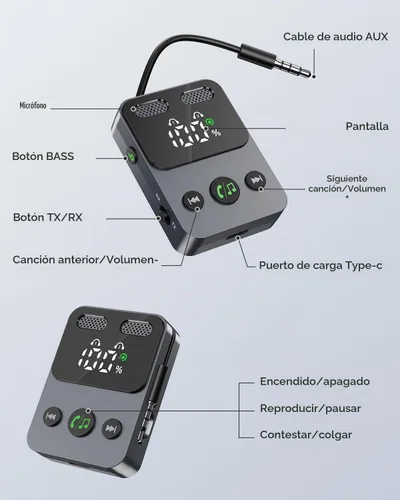 Vista 7 de Adaptador Bluetooth 5.3 para avión, transmisor y receptor 2 en 1, conecta 2 AirPods o auriculares, pantalla HD, conector de audio auxiliar de 0.138