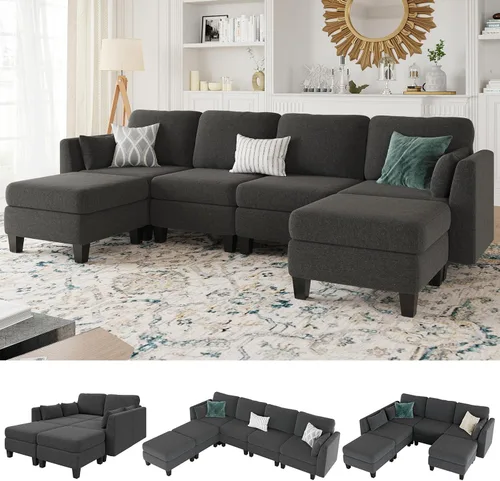 Vista 15 de Sofá seccional con sofá cama, sofá modular de 6 plazas, cómodos sofás seccionales convertibles, sofás convertibles con otomanos, sofás seccionales