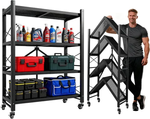 Vista 10 de Grezone Estantes plegables de 3 niveles de almacenamiento de metal resistente con ruedas – No se ensambla unidad de estantería plegable para cocina