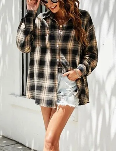 Vista 3 de HangNiFang - Camisas de franela para mujer, de gran tamaño, con botones, a cuadros