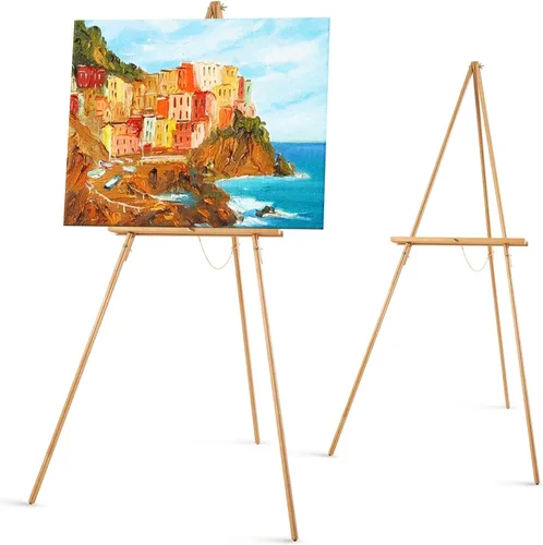 Vista 11 de Falling in Art Caballete de trípode con marco en A de 65 pulgadas, caballete de exhibición de madera con soporte de lona ajustable, caballete