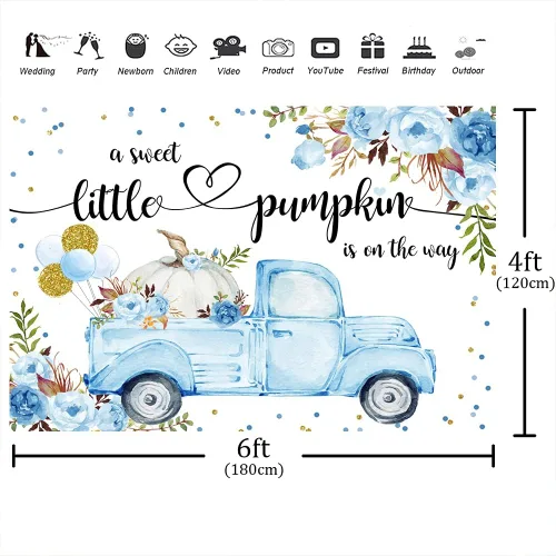 Vista 2 de Telón de fondo de baby shower de calabaza pequeña de 6 x 4 pies, con texto en inglés "A Little Sweet Pumpkin is On The Way", globos florales azules