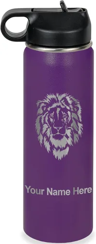 Vista 40 de LaserGram Botella de agua personalizada, cabeza de león, acero inoxidable de doble pared aislada al vacío con popote superior, regalo grabado