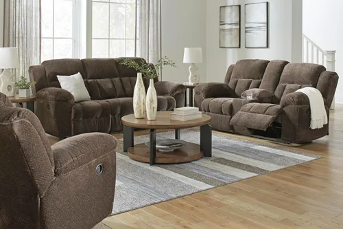 Vista 15 de Signature Design by Ashley Frohn - Sofá biplaza reclinable doble manual moderno con consola, almacenamiento y portavasos, color marrón oscuro