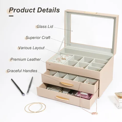 Vista 3 de V-LAFUYLIFE Organizador de joyas, caja de joyería de cuero de 3 niveles con 2 cajones, joyero para mujeres y niñas, caja de joyería de gran