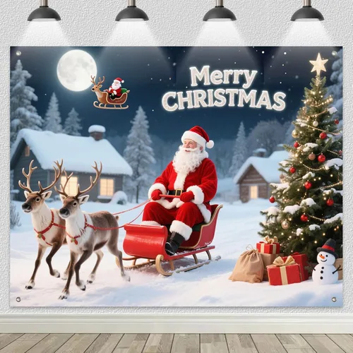 Vista 2 de BlissYard Pancarta de Fondo de Navidad de 8 x 6 pies Papá Noel Trineo Reno Feliz Navidad Árbol Muñeco de Nieve Regalos País de las Maravillas
