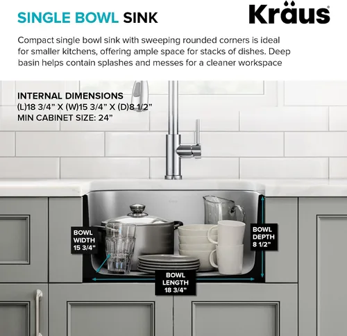 Vista 5 de Kraus KBU11 - Fregadero de cocina de acero inoxidable de 19 3/4 pulgadas, fregadero de cocina duradero de calibre 18 de un solo tazón