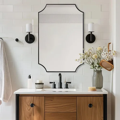Vista 21 de ANDY STAR Espejo de baño de bronce cepillado, espejo festoneado de 24 x 36 pulgadas para baño, espejo rectangular de bronce antiguo con marco