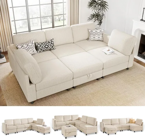 Vista 31 de KKL Sofá cama modular modular con otomana de almacenamiento, sofá cama convertible en forma de L/U para sala de estar, diseño reversible moderno
