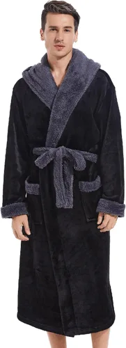 Vista 2 de Inner Wish Bata con capucha para hombre, bata de baño larga de felpa, acogedora y cálida, bata de spa con bolsillos