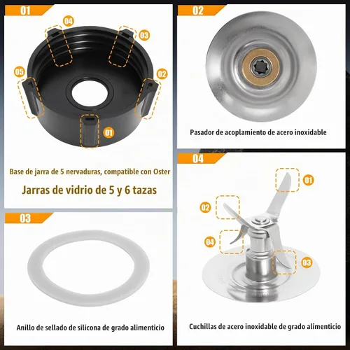 Vista 3 de Cuchilla de licuadora para osterizador Oster con junta de anillo de sellado 4902 Kit de tarro Kit de pasador de acoplamiento inferior de tarro