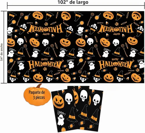 Vista 2 de AnapoliZ Mantel de plástico de Halloween Paquete de 3 piezas (54 x 102 pies) Mantel rectangular Calabaza, decoración de brujas Mantel