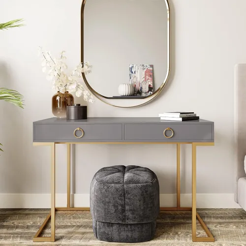 Vista 15 de BELLEZE moderna mesa de tocador, mesa de maquillaje o escritorio para oficina en casa, computadora, portátil, para escribir, con dos cajones de Negro