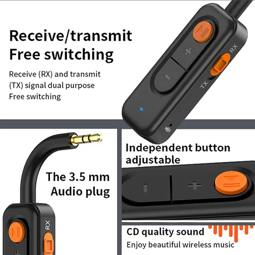 Vista 5 de Receptor transmisor de audio Bluetooth 5.4 con baja latencia, adaptador AUX Bluetooth de coche de 0.138 in con micrófono integrado para llamadas