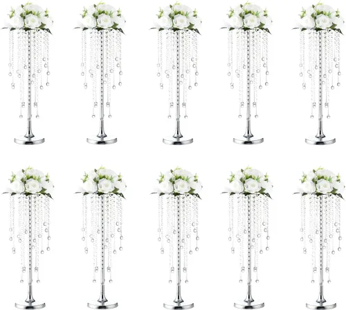 Vista 13 de Centros de mesa de boda dorados de 29.5 pulgadas para mesa, 2 jarrones altos, centros de mesa de boda con cuentas de cristal brillantes, soporte