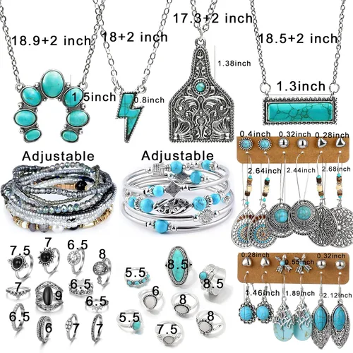 Vista 8 de IFKM Bohemian Jewelry Set With Turquoise Necklace, Dangle Earrings, Stackable Bangle Bracelets, Knuckle Rings For Women Vintage Western Boho
