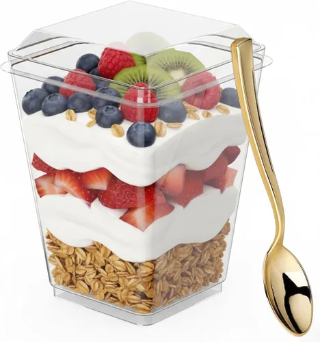 Vista 2 de Zappy Mini tazas de postre de plástico de 50 onzas con cucharas, cuadradas, vasos desechables para fiestas