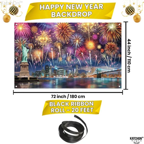Vista 2 de KatchOn, Cartel XtraLarge de feliz año nuevo – 72 x 44 pulgadas Fondo de fuegos artificiales de Año Nuevo 2026 Decoraciones de Año Nuevo 2026