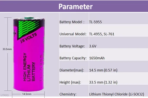 Vista 2 de Paquete de 5 baterías TL-5955 de 3,6 V 2/3AA 1650 mAh para batería de litio Tadiran de 3,6 voltios TL-5955
