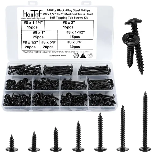 Vista 11 de Kit de surtido de 140 piezas de tornillos negros autoperforantes para metal, tornillos TEK autorroscantes de cabeza de armadura modificada de 8# x