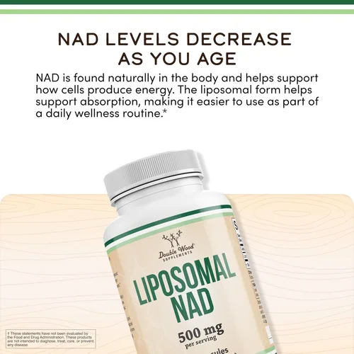 Vista 3 de Suplemento liposomal NAD para antienvejecimiento y apoyo celular (500 mg de NAD+ liposomal por porción, suministro de 30 días), probado por