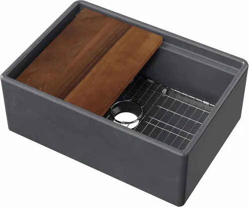 Vista 2 de Whitehaus Reversible Single Bowl Fireclay Sink Set with Smooth Front Apron, Walnut Wood Cutting Board and Stainless Steel Grid (Dark Gray, 27" x 19")
