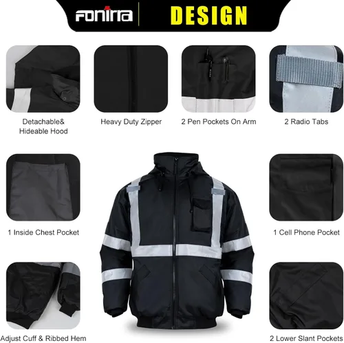 Vista 3 de FONIRRA - Chaquetas bomber de alta visibilidad con forro polar, ANSI Clase 2, chaqueta reflectante impermeable para hombres