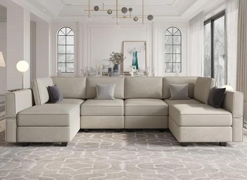 Vista 20 de Belffin Sofá modular en forma de U con tumbonas reversibles, de terciopelo, con asiento de almacenamiento, color negro