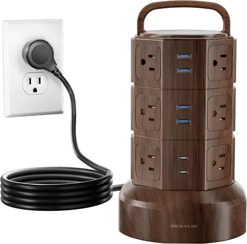 Vista 18 de Regleta de alimentación con protector de sobretensión de torre, JACKYLED 16 tomas 6 USB (2 USB C) estación de carga, cable de extensión con Negro
