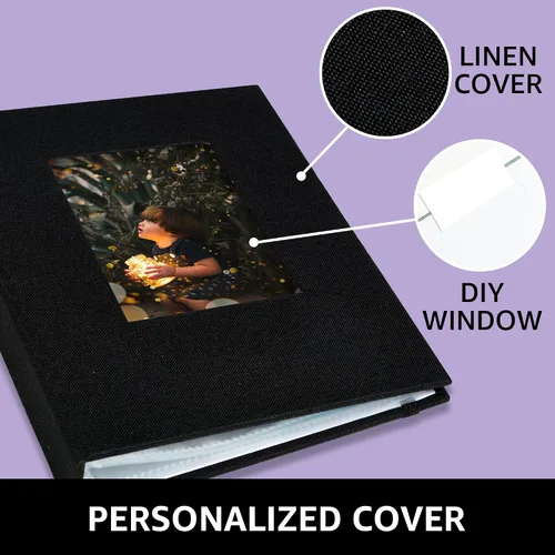 Vista 4 de Álbum de fotos pequeño de 4 x 6 pulgadas, 2 unidades, páginas transparentes, cubierta de lino con ventana frontal, cada mini álbum con capacidad