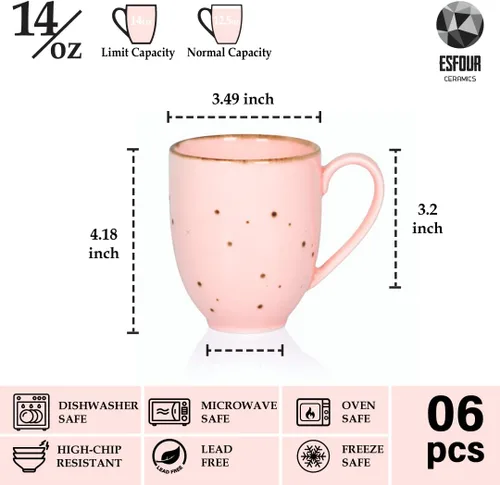 Vista 2 de Esfour Ceramics Juego de Tazas de Café de 6, 14 Oz Tazas de Mango Grande de Servicio Pesado - Seguras para Microondas y Lavavajillas - Café