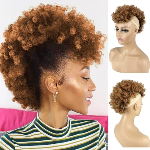 Vista 7 de UA Jerry Curls Mohawk - Cola de caballo sin cordón con flequillo, sintético, corto, afro, rizado, 6 clips BB (2#, negro natural)
