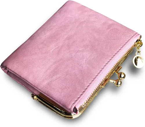 Vista 10 de Cartera para mujer pequeña plegable Rfid Mini monedero vintage con cremallera y cierre de beso (negro)